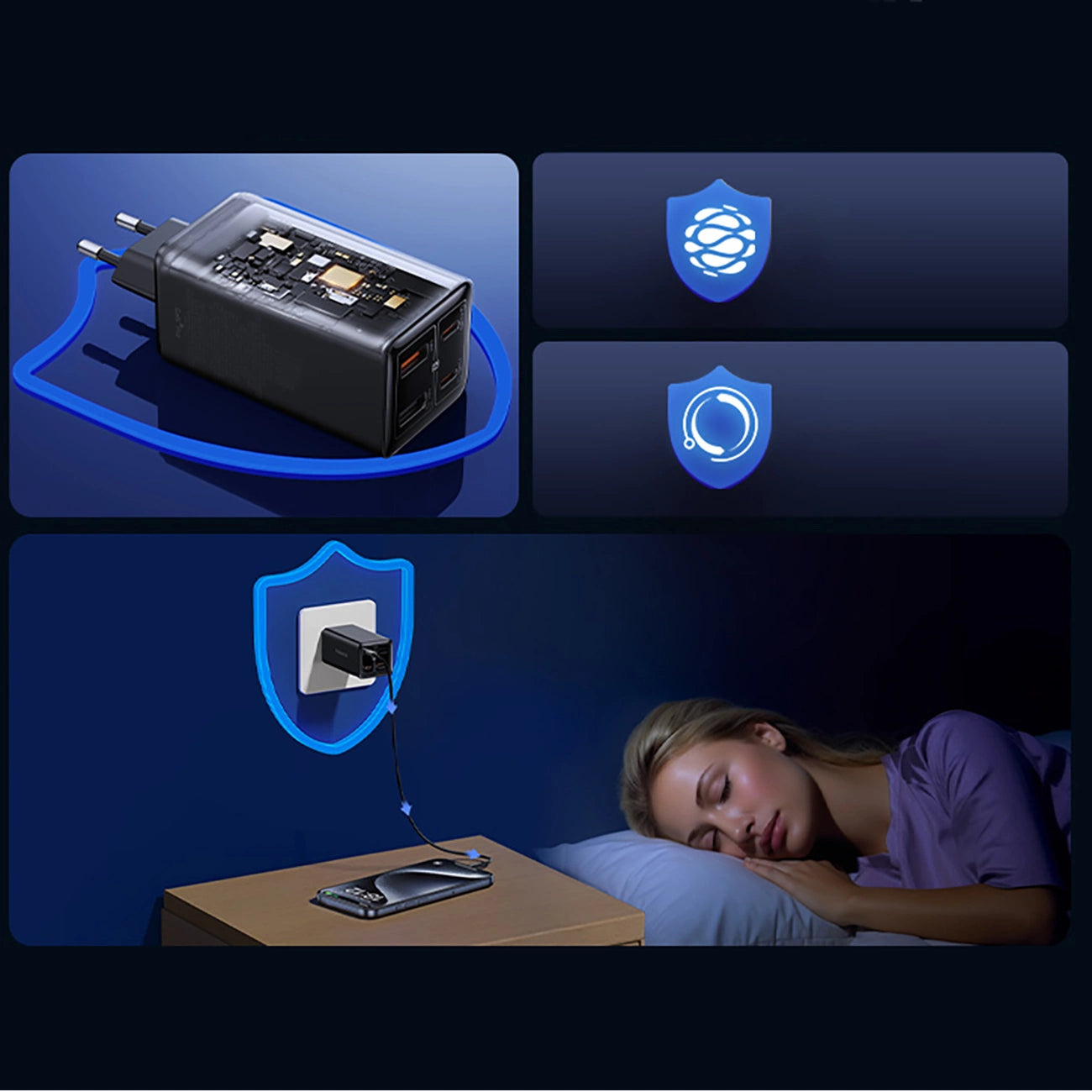 Baseus GaN6 Pro Ladegerät 100W 2 x USB-C 2 x USB-A mit schwarzem USB-C-Kabel 100W 1m - Schwarz