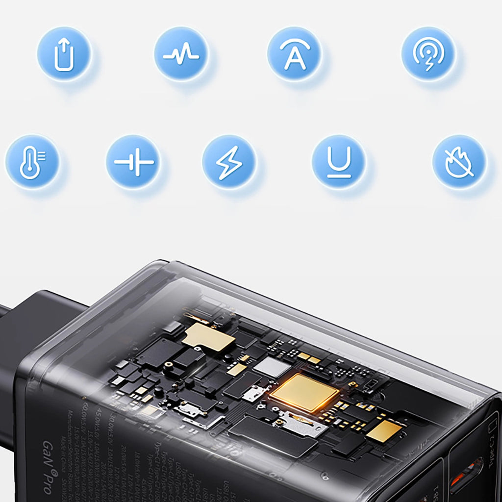 Baseus GaN6 Pro Ladegerät 65W 2 x USB-C 2 x USB-A mit schwarzem USB-C-Kabel 100W 1m - Schwarz