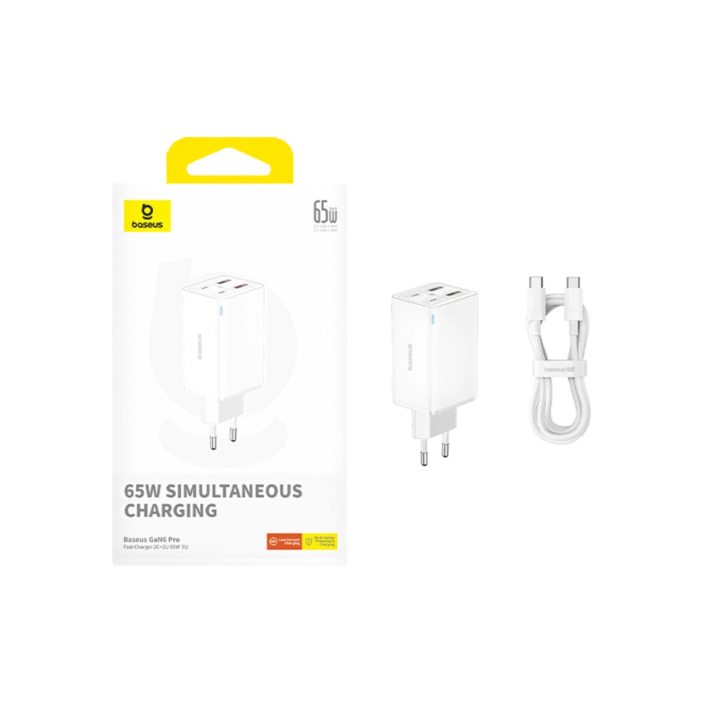 Baseus GaN6 Pro Ladegerät 65W 2 x USB-C 2 x USB-A mit schwarzem USB-C-Kabel 100W 1m - Weiß