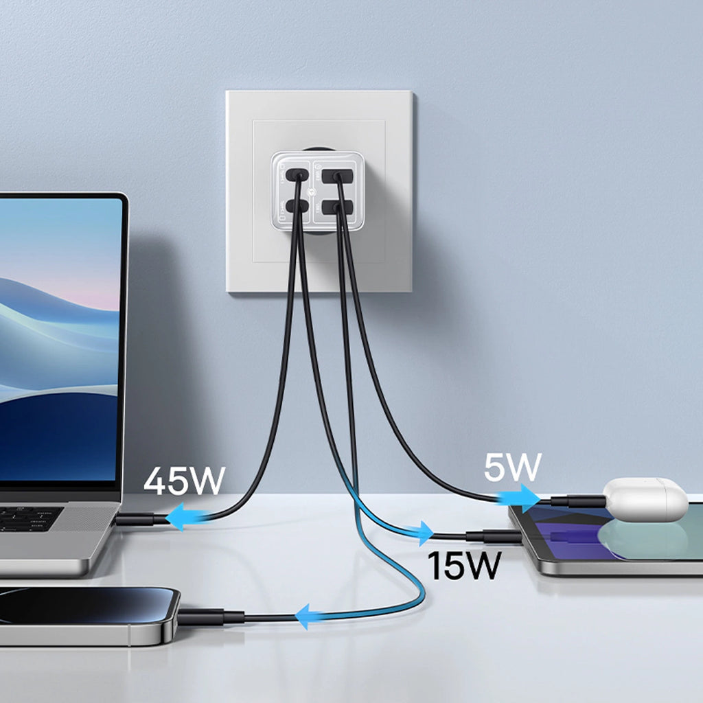Baseus GaN6 Pro Ladegerät 65W 2 x USB-C 2 x USB-A mit schwarzem USB-C-Kabel 100W 1m - Weiß