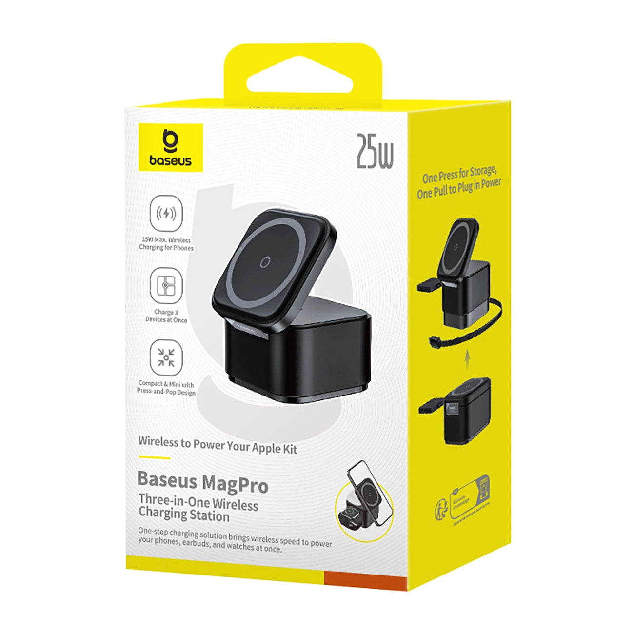 Baseus MagPro 3in1 25W MagSafe kompatibles induktives Ladegerät für Telefon und Smartwatch - Schwarz