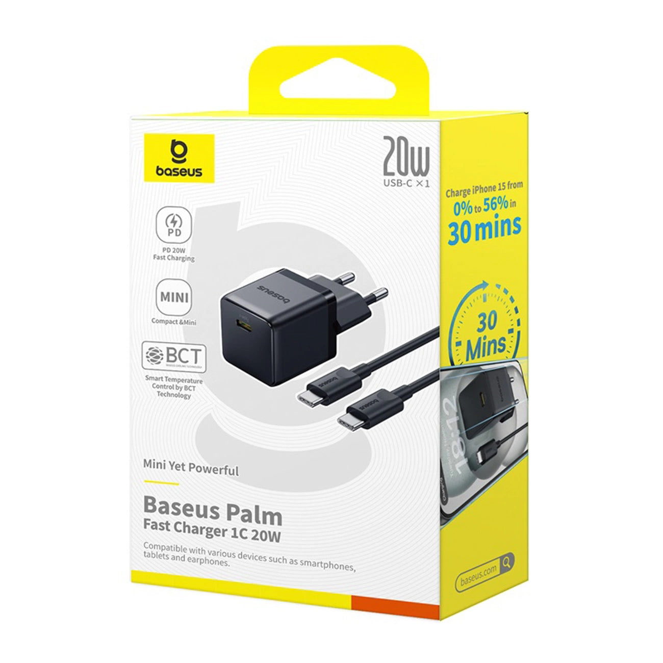 Baseus Palm 1C 20W Wandladegerät (mit Baseus Mini White USB-C 60W (20V/3A) 1m Kabel) - Schwarz