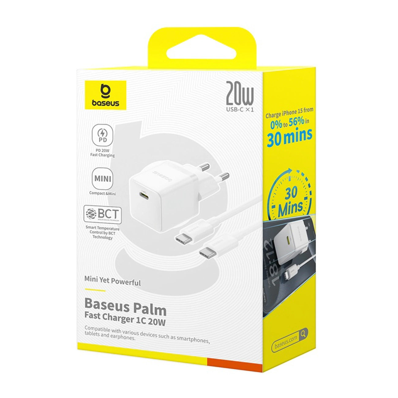 Baseus Palm 1C 20W Wandladegerät (mit Baseus Mini White USB-C 60W (20V/3A) 1m Kabel) - Weiß
