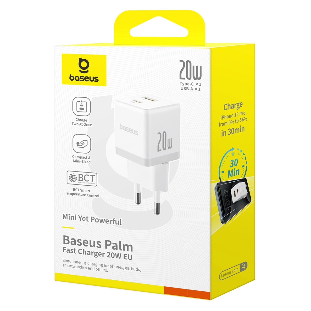 Baseus Palm 20W USB-C USB-A Wandladegerät - Weiß