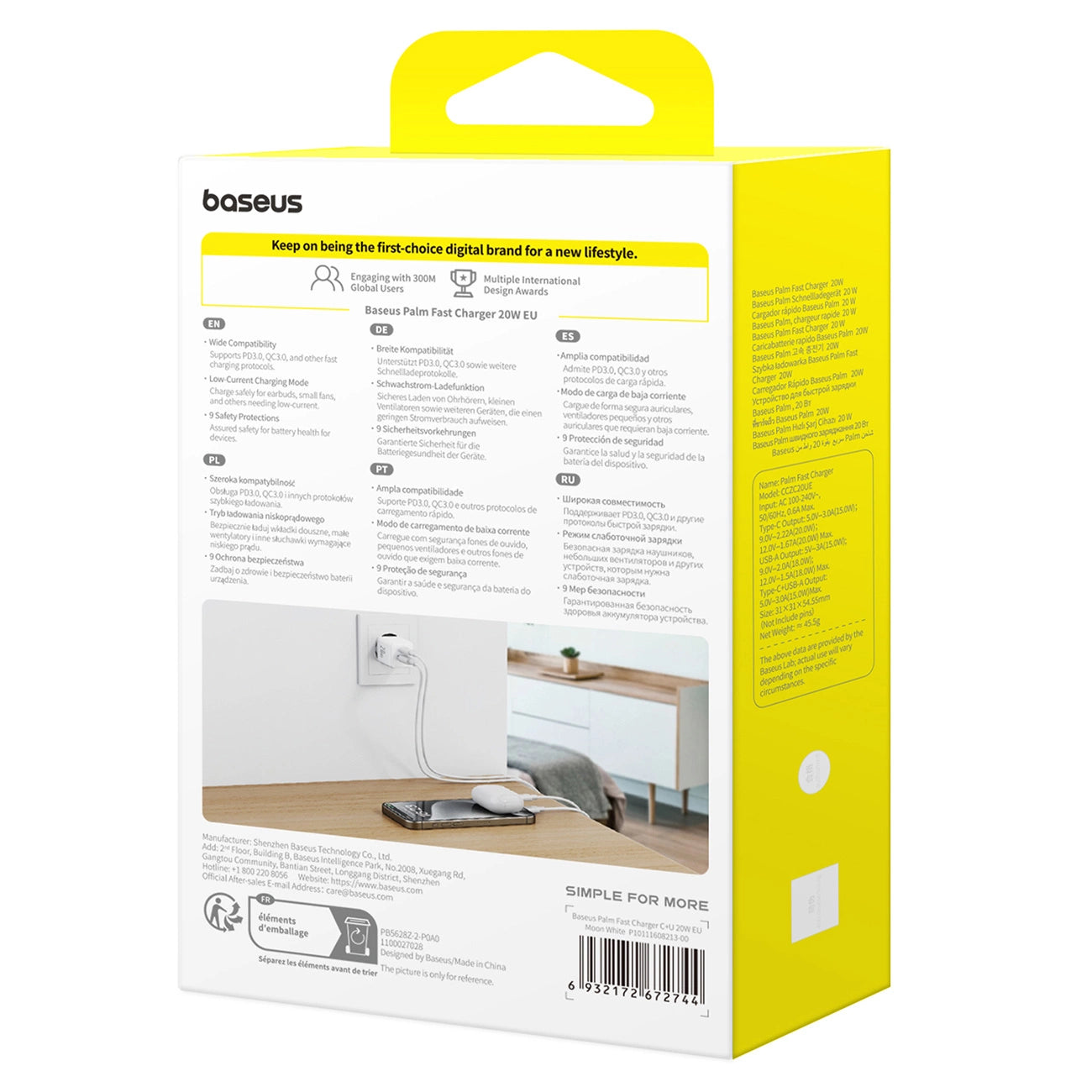 Baseus Palm 20W USB-C USB-A Wandladegerät - Weiß