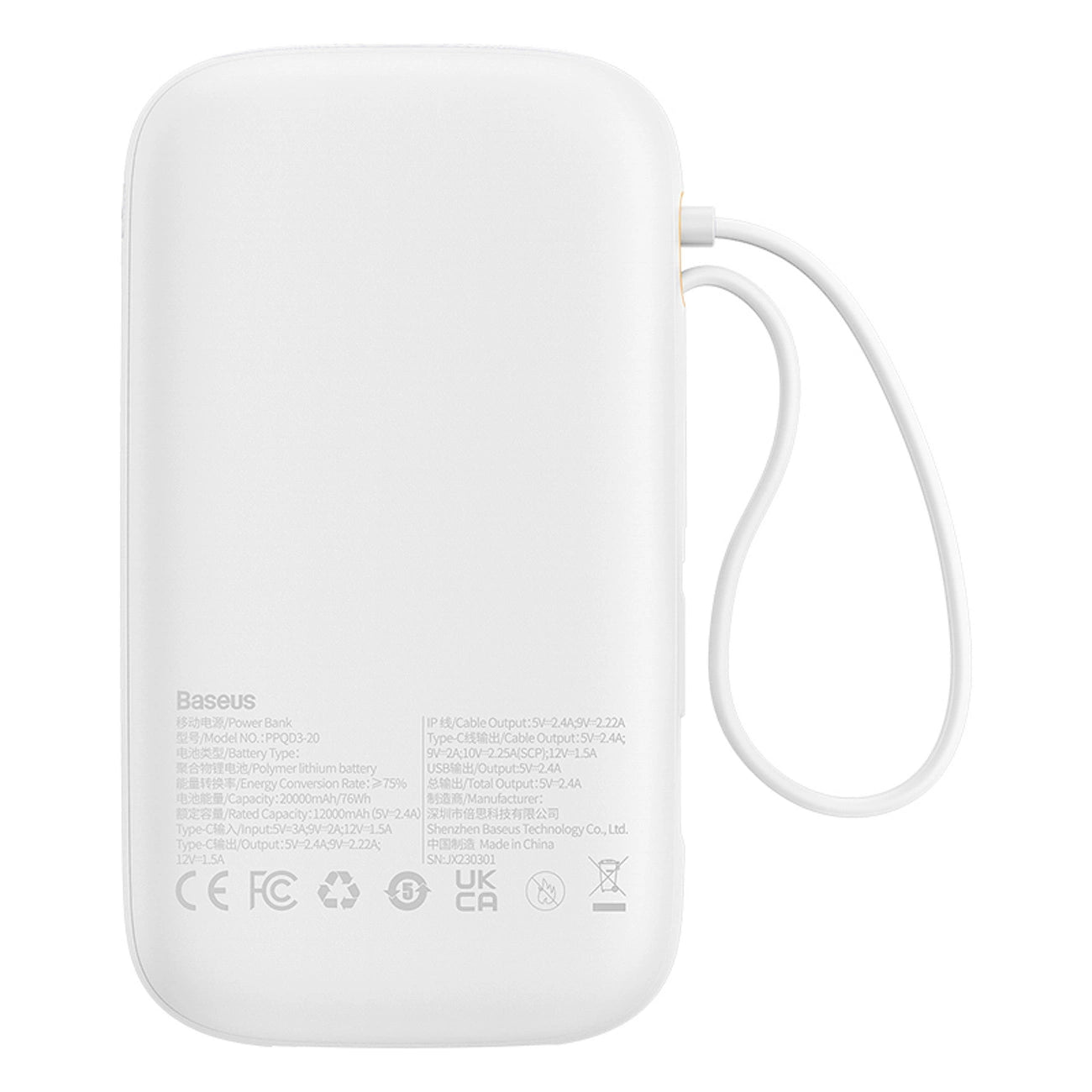 Baseus Qpow2 20000mAh 22,5W Powerbank mit Doppelkabel und Digitalanzeige + Baseus Simple USB-C 3A Kabel 0,3 m (Weiß) - Weiß