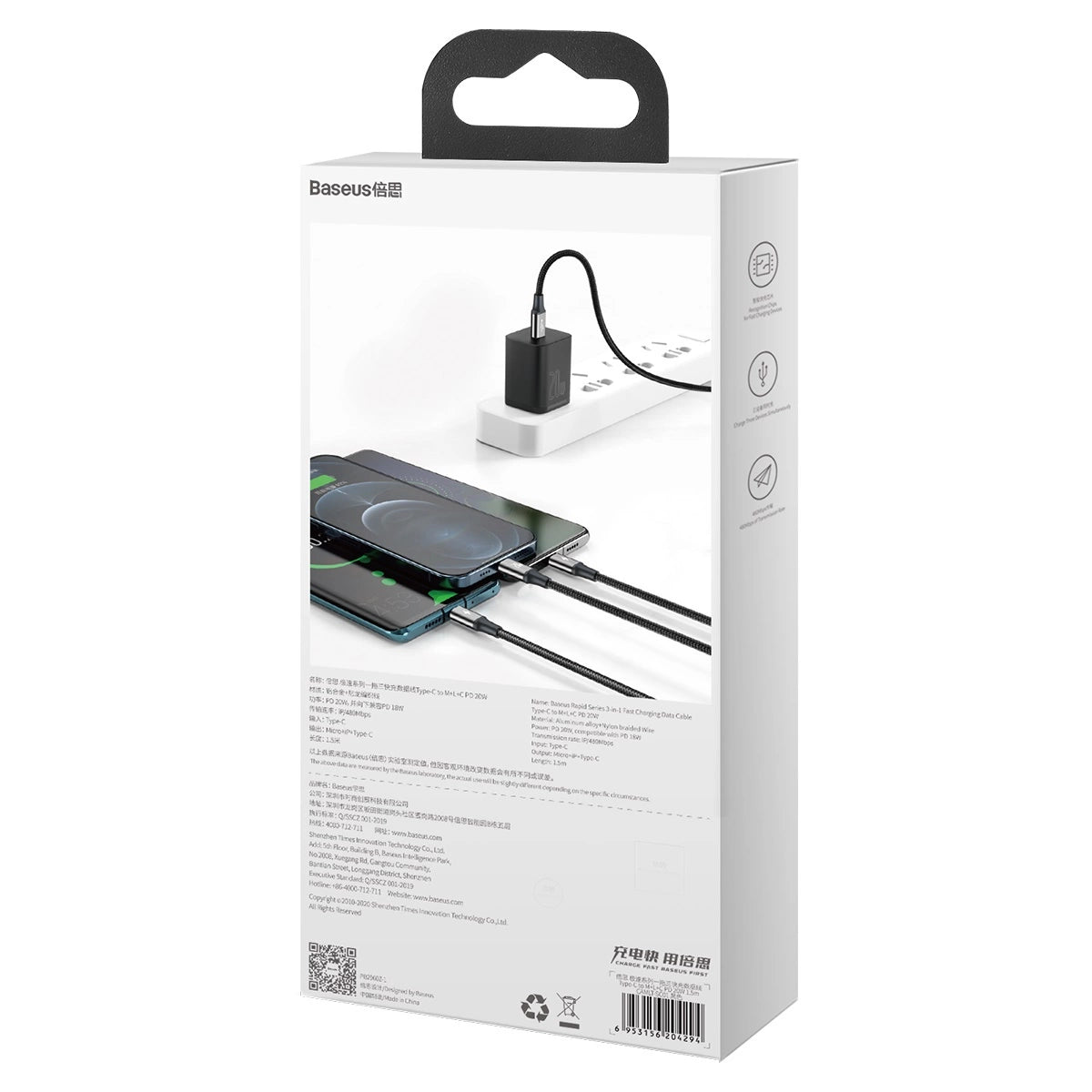 Baseus Rapid Series 3in1 USB-C – USB-C/ Lightning /Micro-USB-Kabel 20 W PD 1,5 m – Schwarz