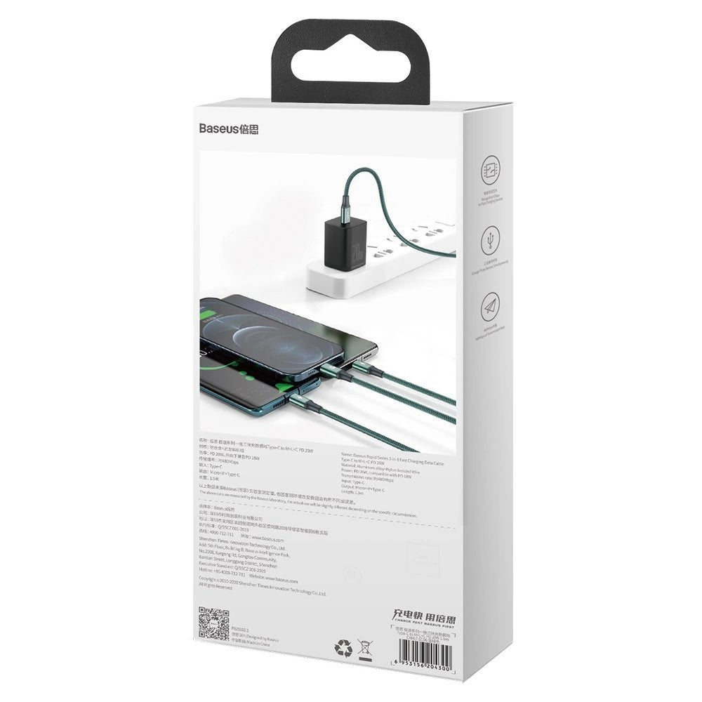 Baseus Rapid Series 3in1 USB-C – USB-C/ Lightning /Micro-USB-Kabel 20 W PD 1,5 m – grün