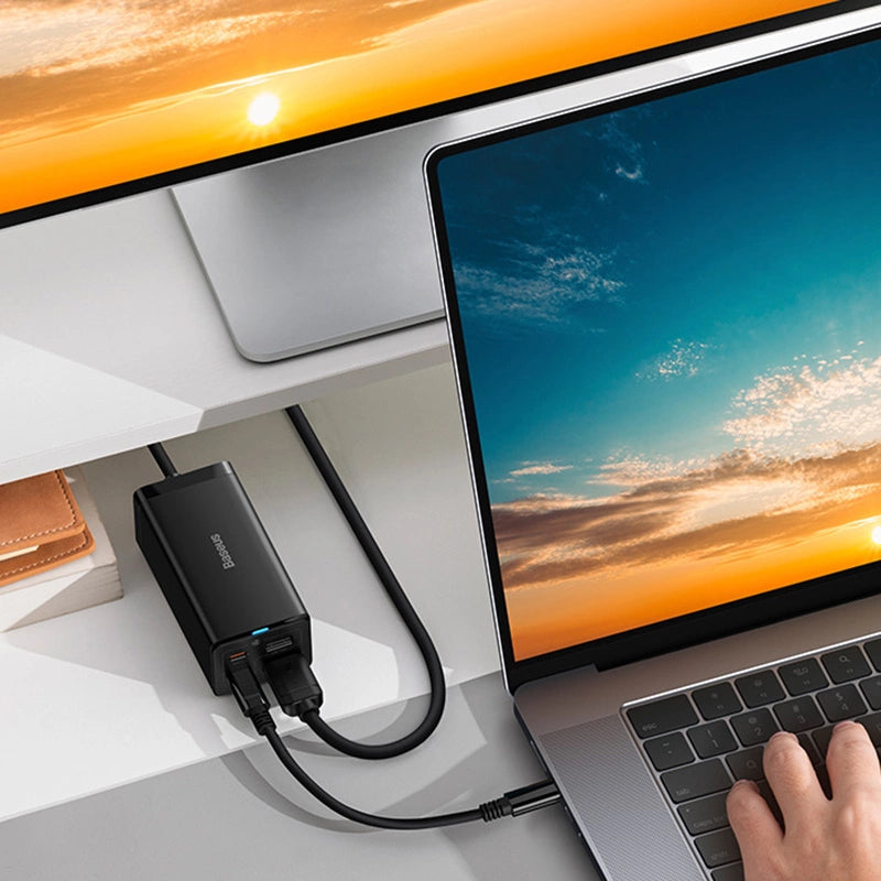 Baseus Schnellladegerät GaN5 Pro HUB HDMI 2 x USB-C / USB-A / HDMI 4K 30Hz 1,5m schwarz + USB-C Kabel - USB-C 100W 40Gb/s (USB4) 1m (CCGP110201)