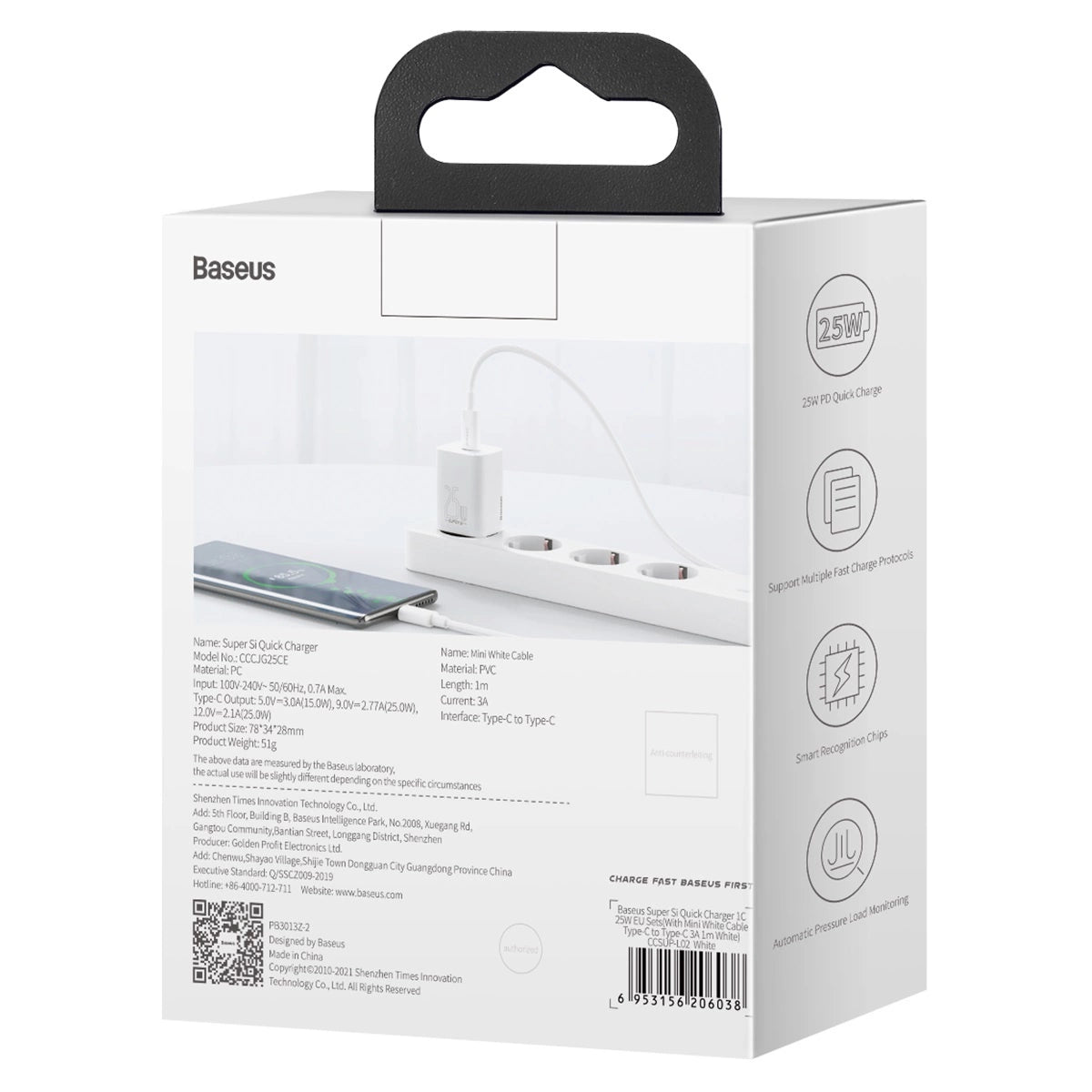 Baseus Si USB-C 25W 3A Schnellladegerät mit USB-C / USB-C 1m Kabel - Weiß