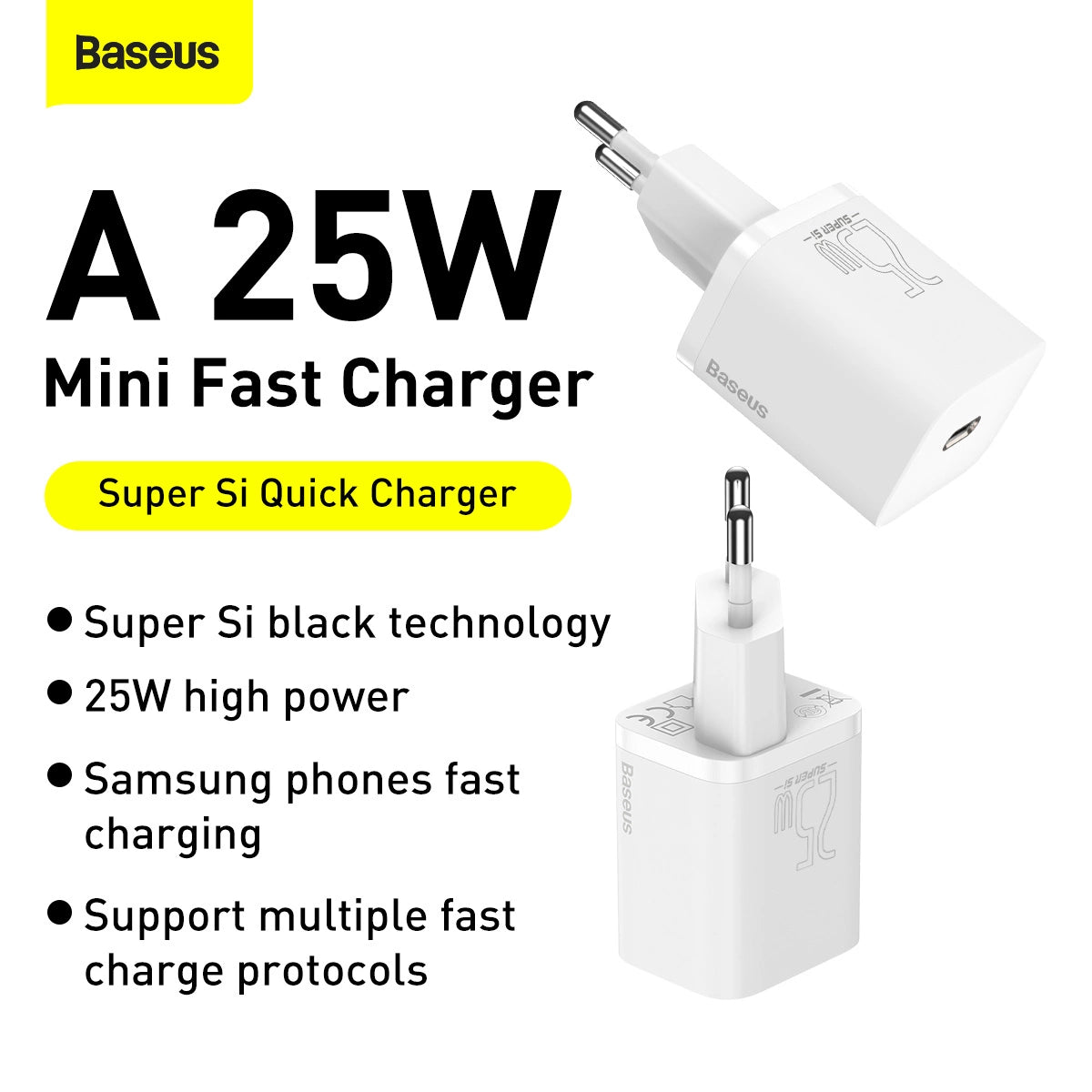 Baseus Si USB-C 25W 3A Schnellladegerät mit USB-C / USB-C 1m Kabel - Weiß