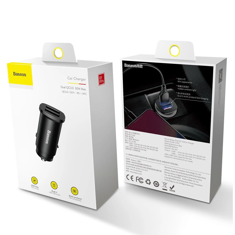 Baseus Square Smart Car Charger 2x USB QC3.0 Quick Charge 3.0 SCP AFC 30W Schwarz (CCALL-DS01)