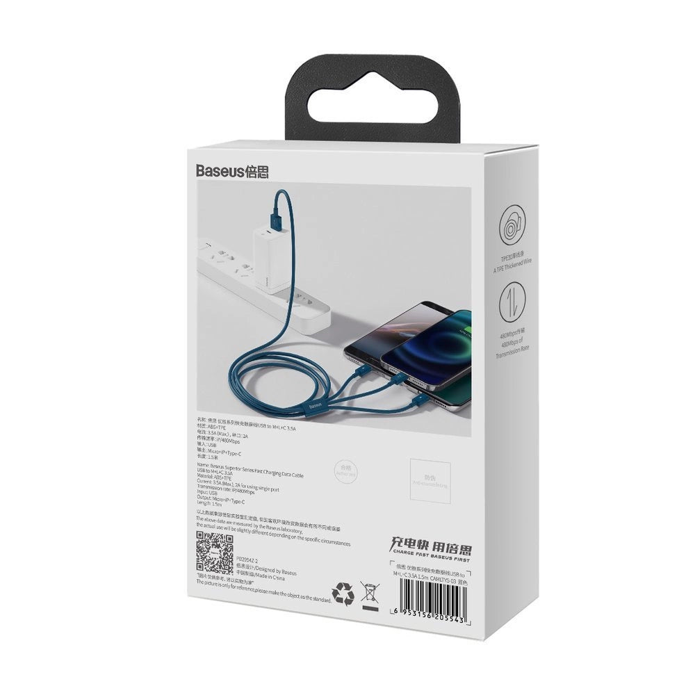 Baseus Superior 3in1 USB-Kabel - Lightning / USB Typ C / Micro-USB 3,5 A 1,5 m blau (CAMLTYS-03)