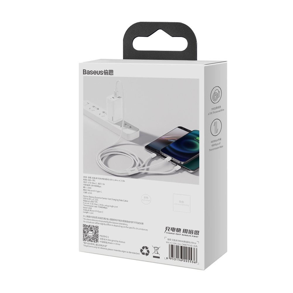 Baseus Superior 3in1 USB-Kabel - Lightning / USB Type C / Micro-USB 3,5 A 1,5 m Weiß (CAMLTYS-02)