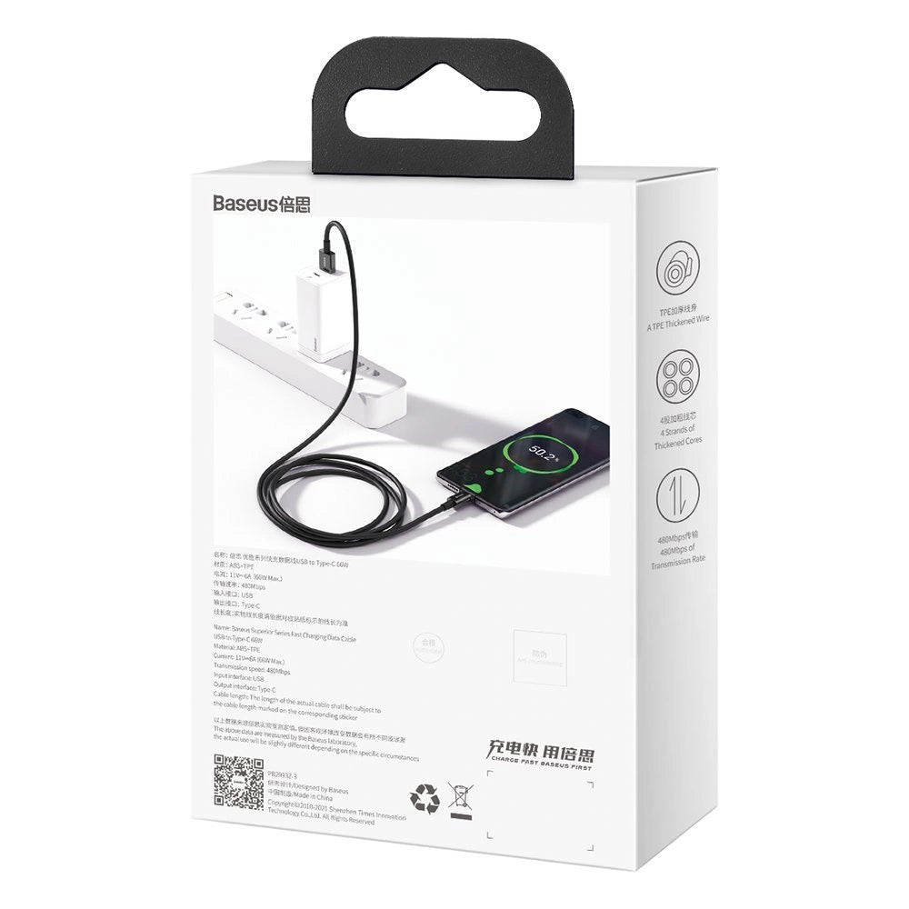 Baseus Superior USB-Kabel - USB Typ C 66 W (11 V / 6 A) Huawei SuperCharge SCP 2 m schwarz (CATYS-A01)