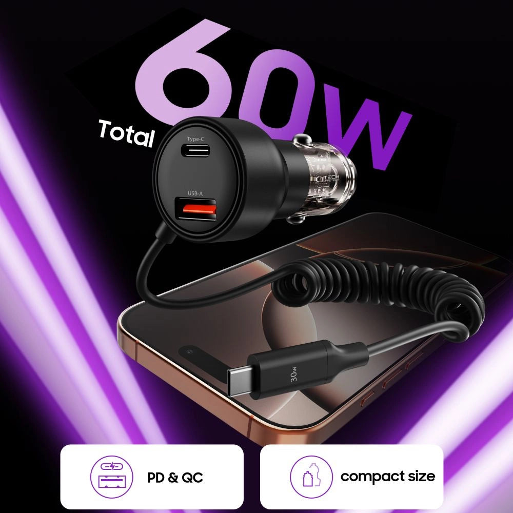 CC05 Autoladegerät 2-Port PD60 W + USB-C Kabel - Schwarz