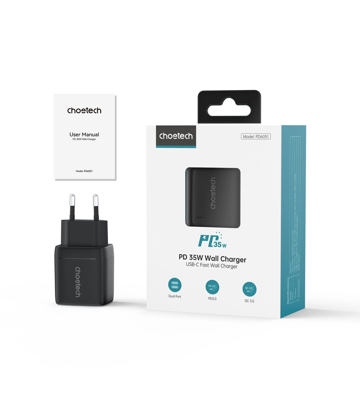 Choetech PD6051 USB-C USB-C PD 35W GaN Wandladegerät mit Display – Schwarz