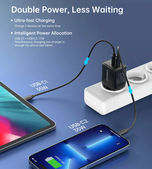 Choetech PD6051 USB-C USB-C PD 35W GaN Wandladegerät mit Display – Schwarz