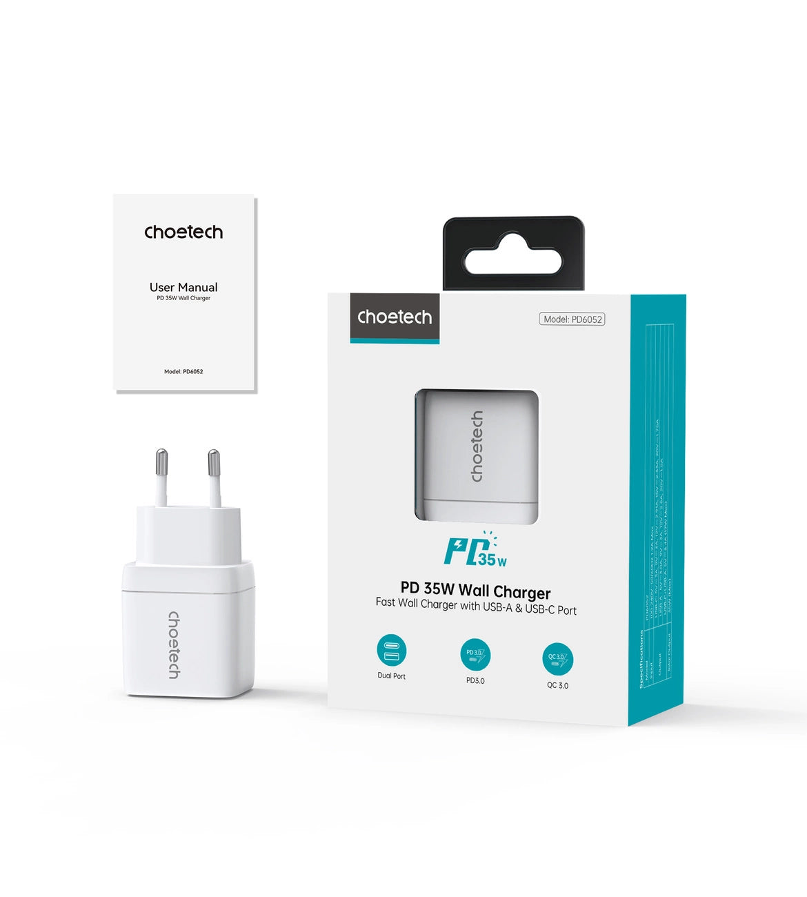 Choetech PD6052 USB-C USB-A PD 35W GaN Wandladegerät mit Display – Weiß