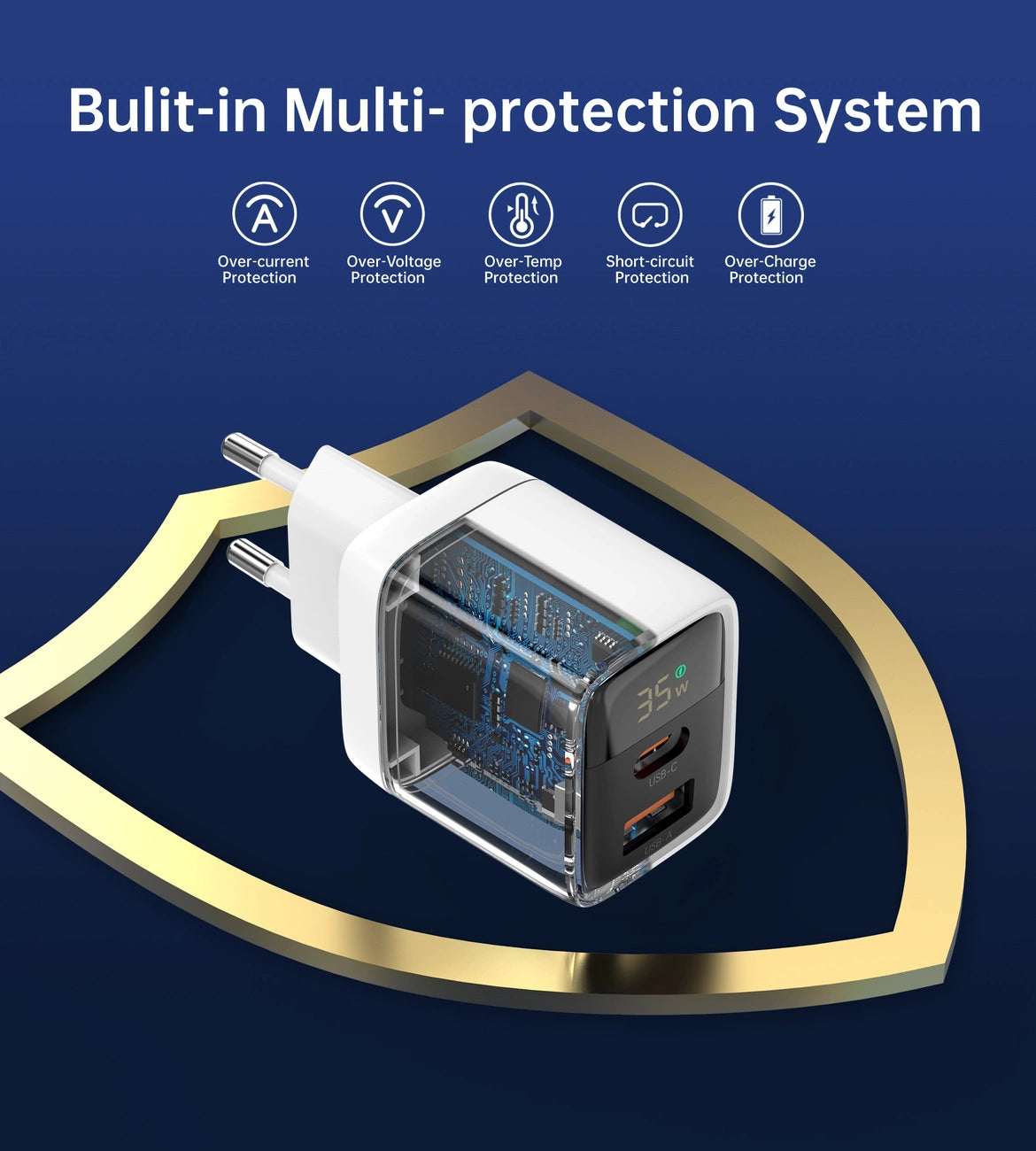 Choetech PD6052 USB-C USB-A PD 35W GaN Wandladegerät mit Display – Weiß