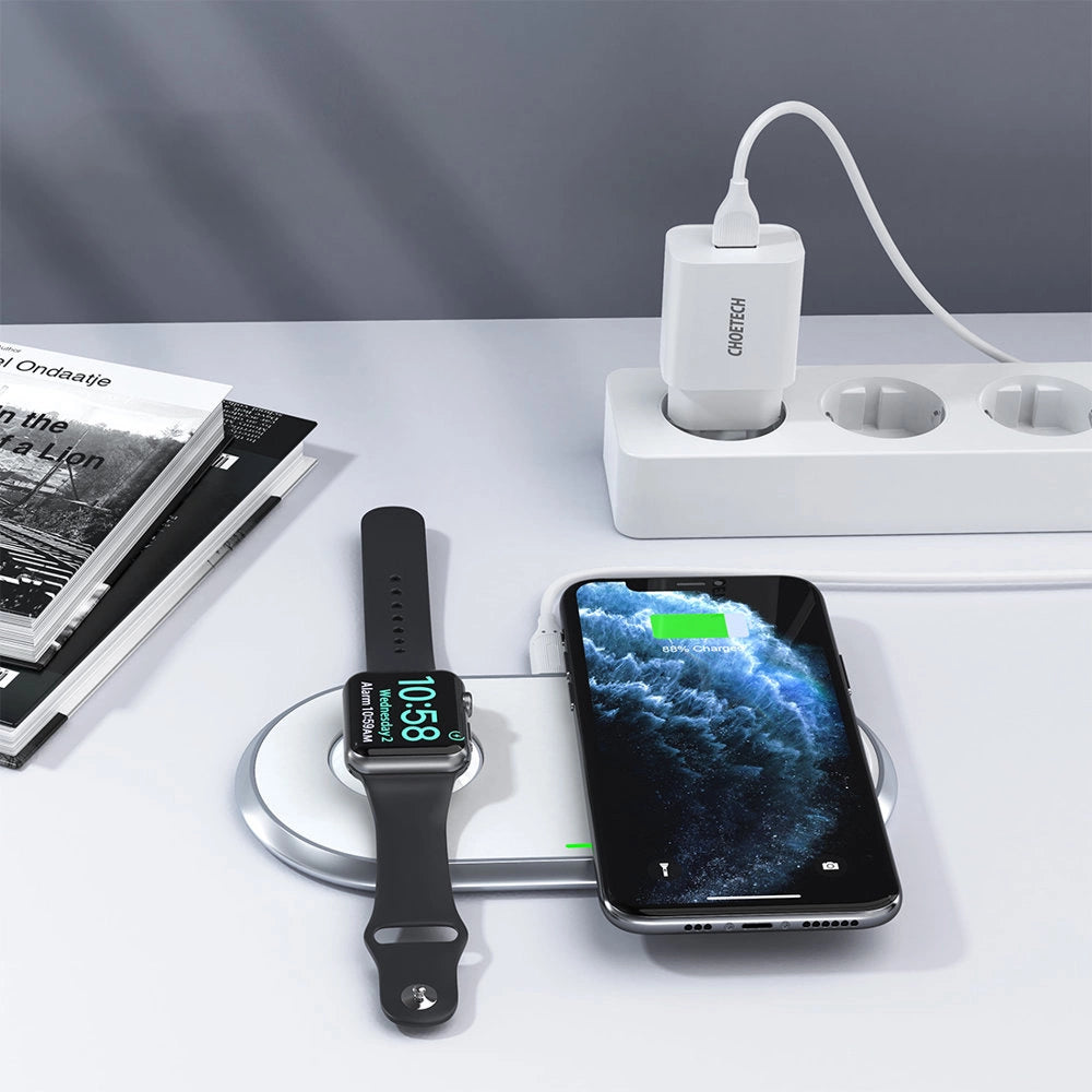 Choetech Qi 2in1 kabelloses Ladegerät für Smartphones / Apple Watch mit Standfuß (MFI) USB Typ C weiß (T317)