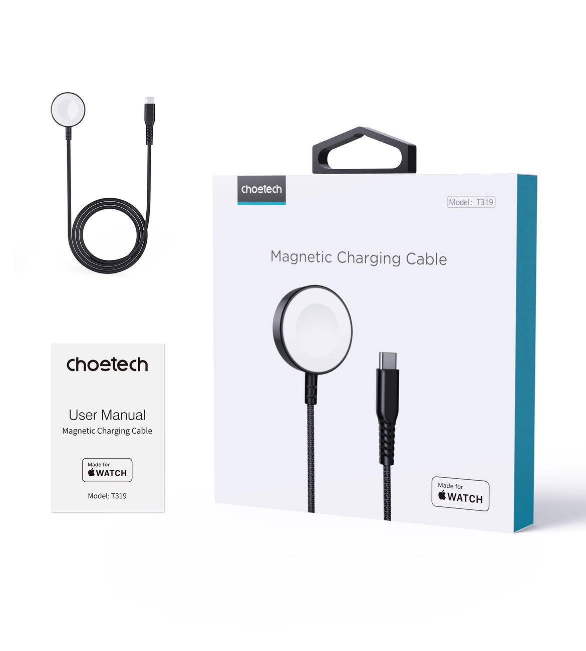 Choetech T319 MFI 5W kabelloses Ladegerät für Apple Watch + USB-C-Kabel – Schwarz
