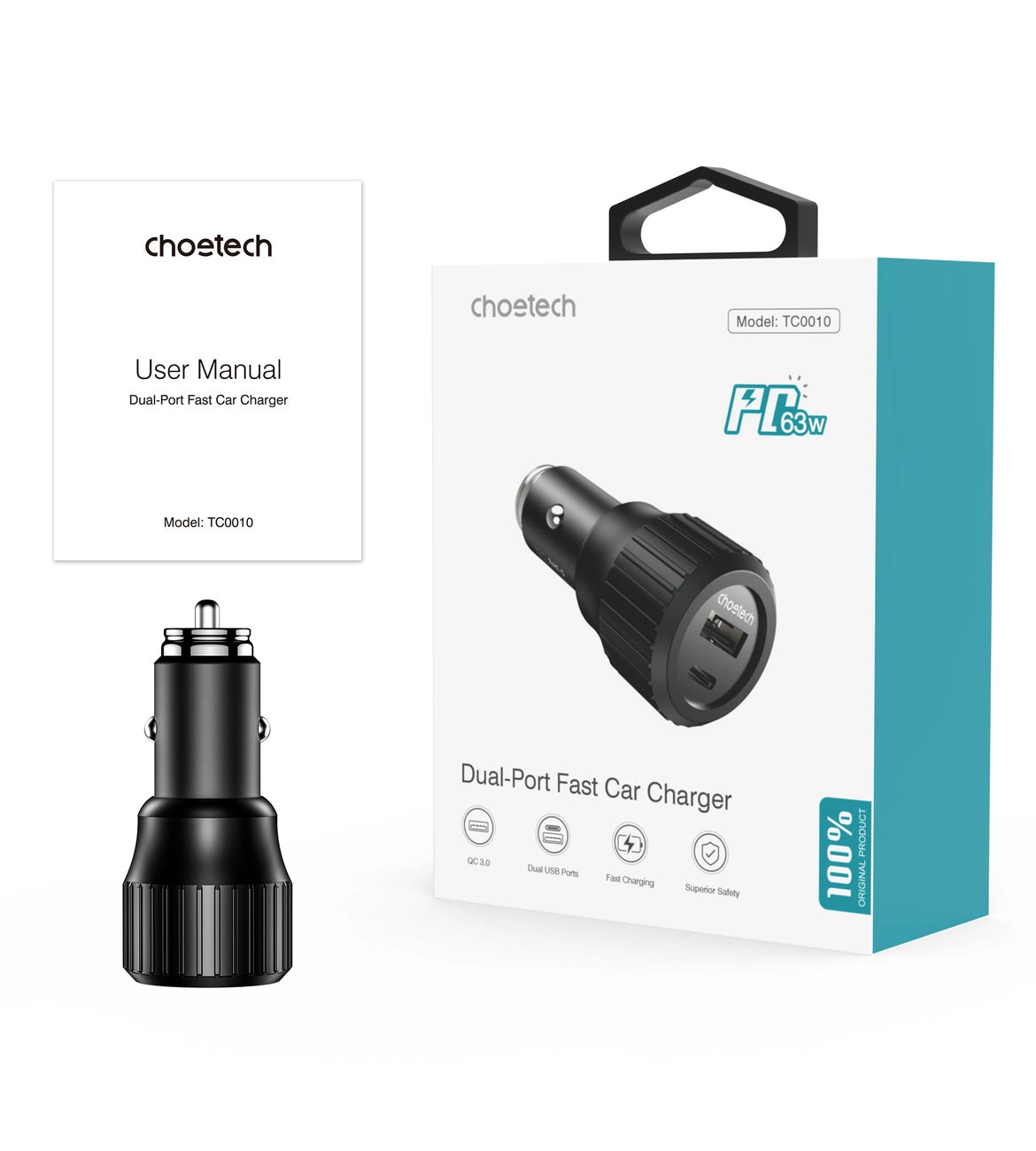 Choetech TC0010 USB-C USB-A PD 63W Autoladegerät - Schwarz