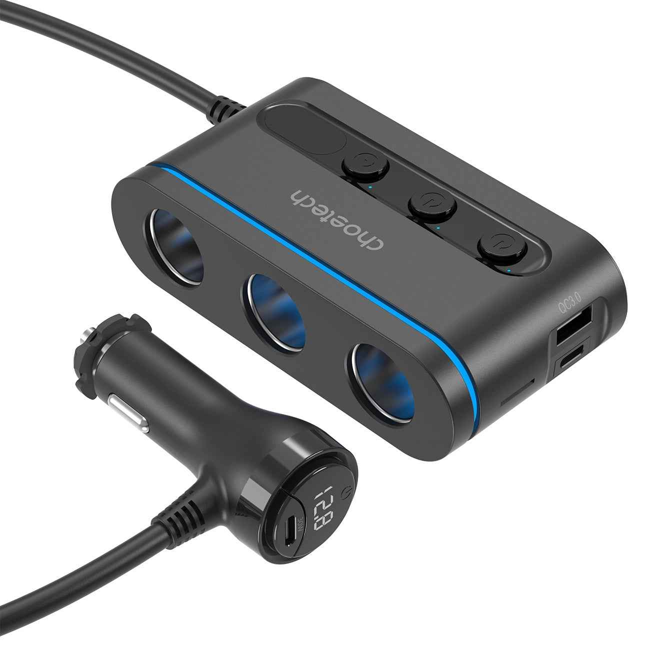 Choetech TC0021 Autoladegerät 2x USB-C PD 1x USB-A QC 3x Zigarettenanzünderbuchse - Schwarz