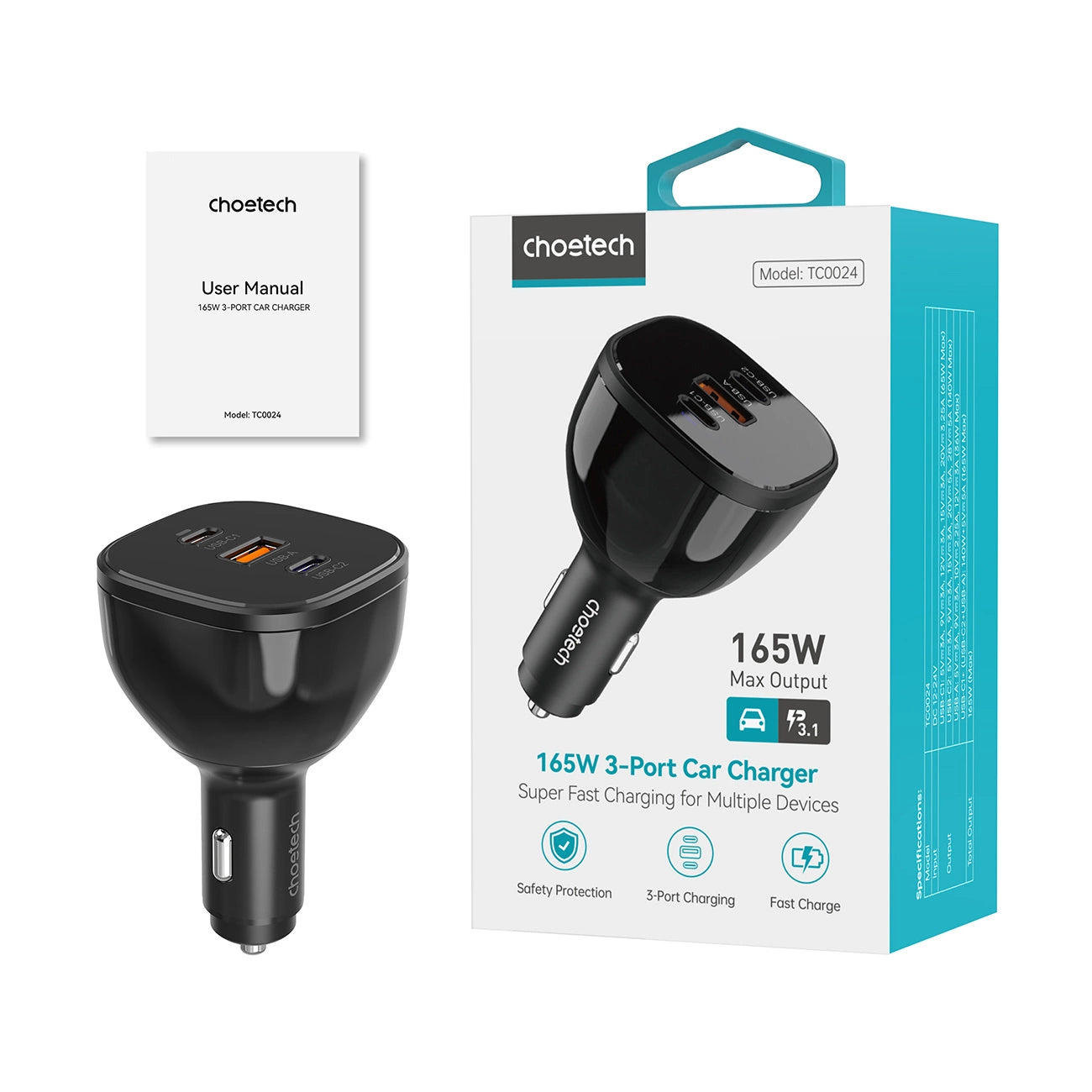 Choetech TC0024 Autoladegerät 160W 2x USB-C PD 3.1 1x USB-A - Schwarz