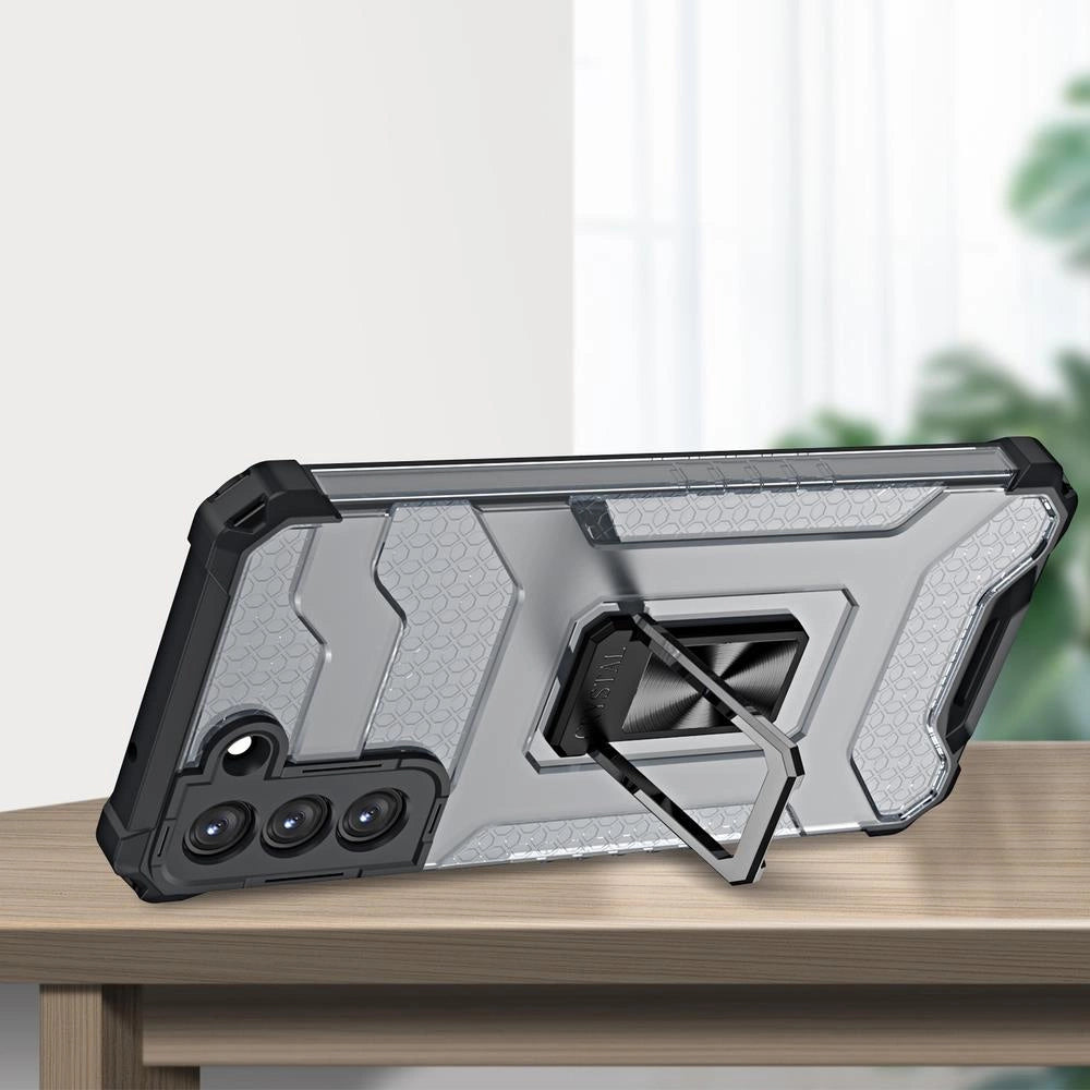 Crystal Ring Case robuste Kickstand TPU/PC Panzer Handyhülle Hard Case für Samsung Galaxy S22+ (S22 Plus) blau