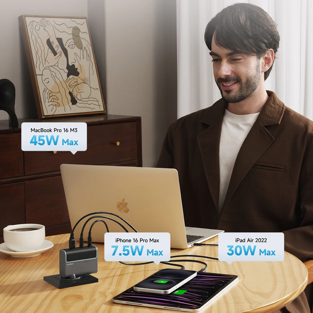 Cuktech CUKAD1003EUG GaN 100W Wandladegerät 2 x USB-C 1 x USB-A mit USB-C-Kabel - Grau