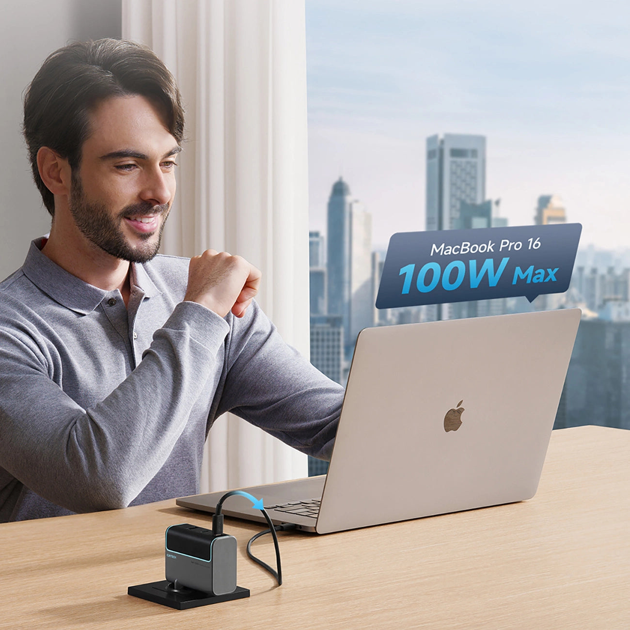 Cuktech CUKAD1003EUG GaN 100W Wandladegerät 2 x USB-C 1 x USB-A mit USB-C-Kabel - Grau