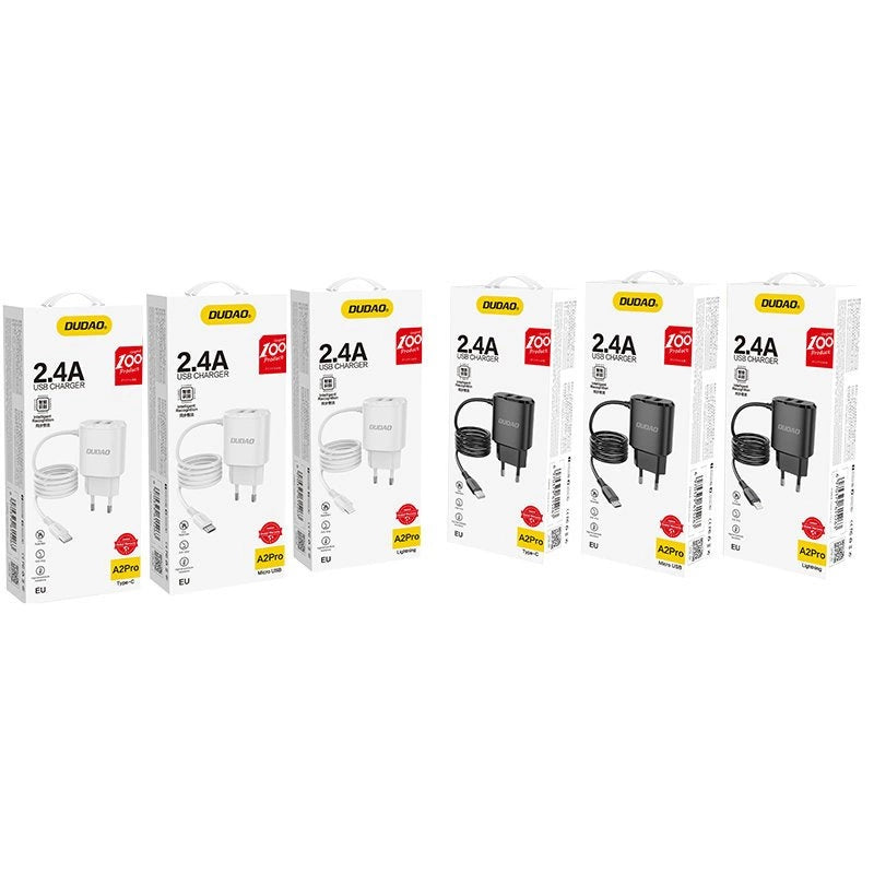 Dudao 2x USB Wandladegerät mit eingebautem 12 W Lightning Kabel schwarz (A2ProL schwarz)