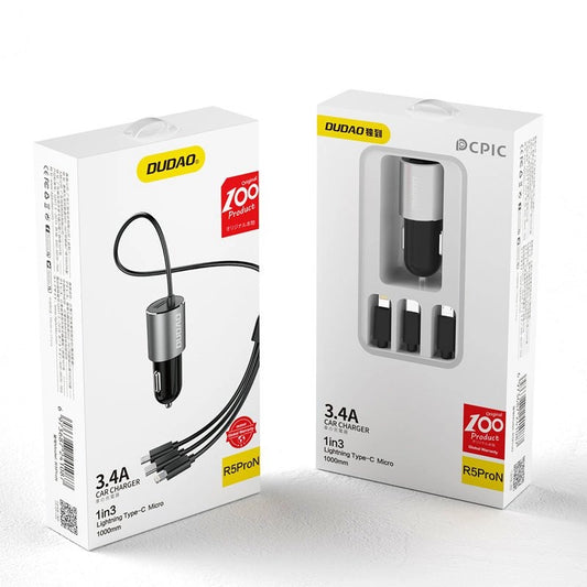 Dudao 3in1 USB Autoladegerät 3,4 A eingebautes Kabel Lightning / USB Typ C / Micro USB schwarz (R5ProN schwarz)