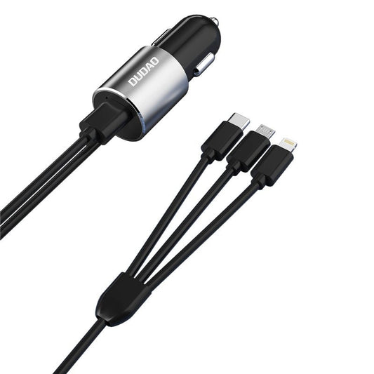 Dudao 3in1 USB Autoladegerät 3,4 A eingebautes Kabel Lightning / USB Typ C / Micro USB schwarz (R5ProN schwarz)