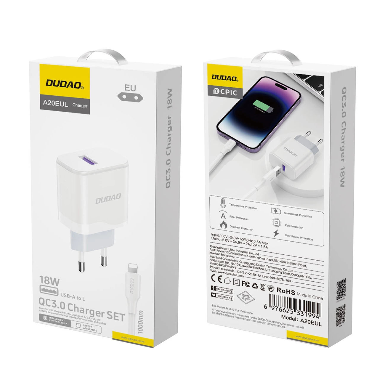 Dudao A20EU USB-A 18W Netzwerkladegerät – Weiß + USB-A – Lightning Kabel