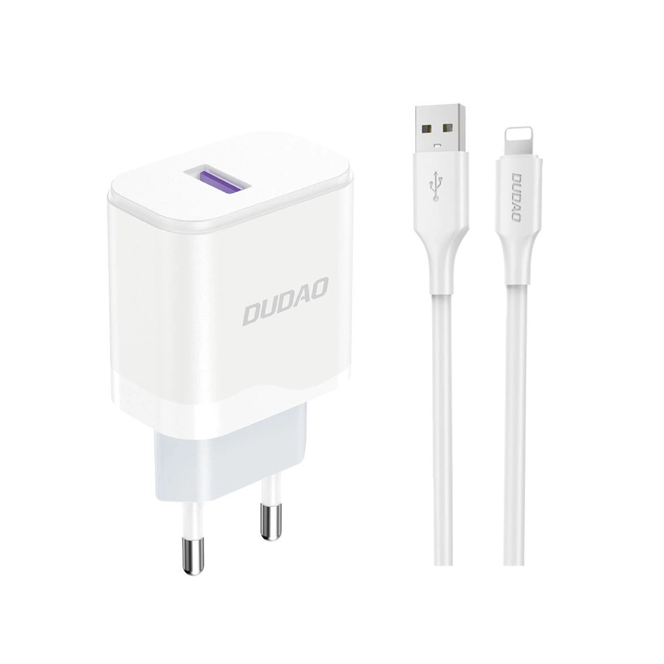 Dudao A20EU USB-A 18W Netzwerkladegerät – Weiß + USB-A – Lightning Kabel