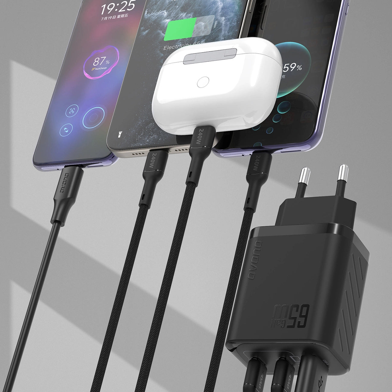 Dudao A29 65W GaN Wandladegerät 2 x USB-C + 1 x USB-A - Schwarz