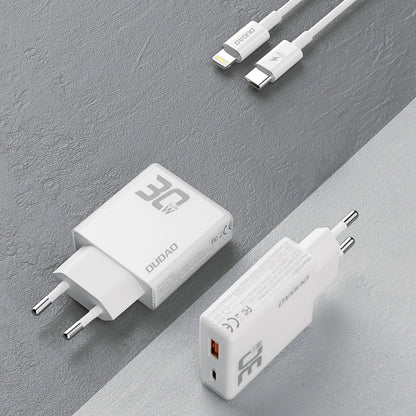 Dudao A30EUL GaN-Wandladegerät 30 W USB-A / USB-C + USB-C – Lightning Kabel – Weiß