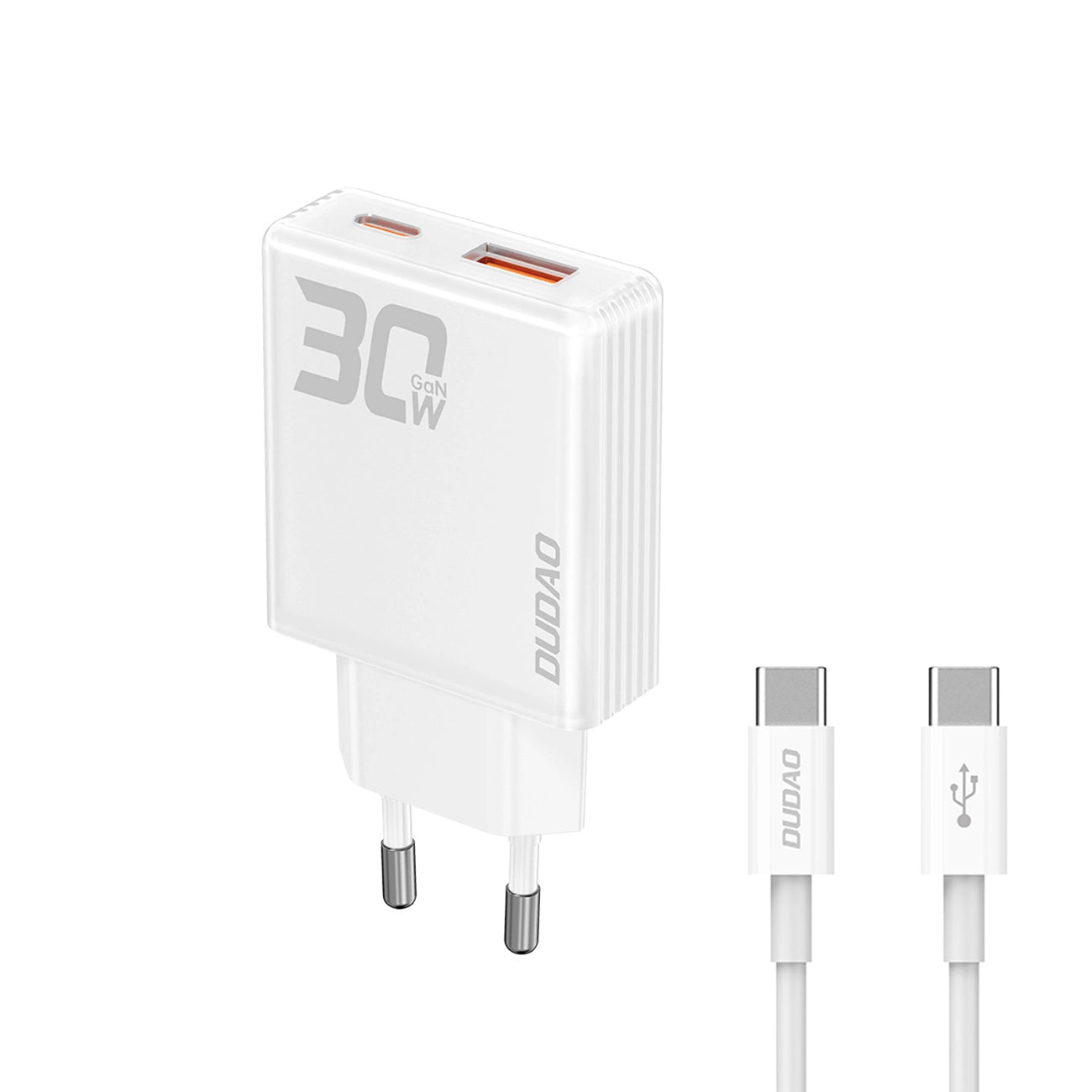 Dudao A30EUT 30W GaN-Wandladegerät USB-A / USB-C + USB-C - USB-C-Kabel - Weiß