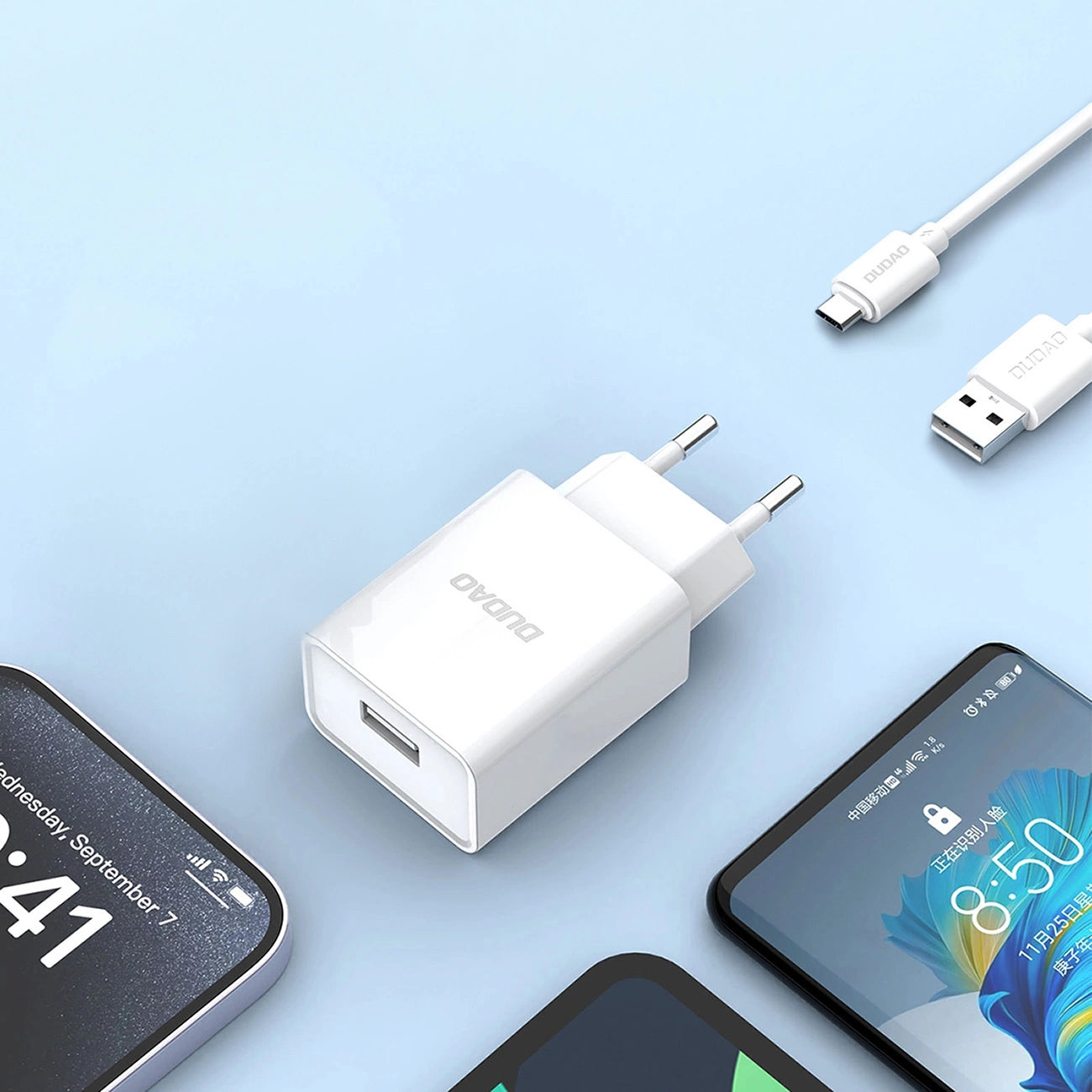Dudao A4EU USB-A 2,1 A Wandladegerät – weiß + USB-A – Micro-USB-Kabel