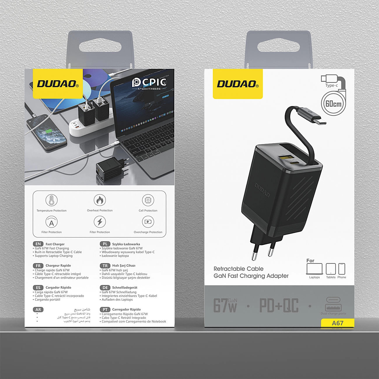 Dudao A67EU GaN 67W Wandladegerät mit integriertem, einziehbarem USB-C Power Delivery Quick Charge - Schwarz