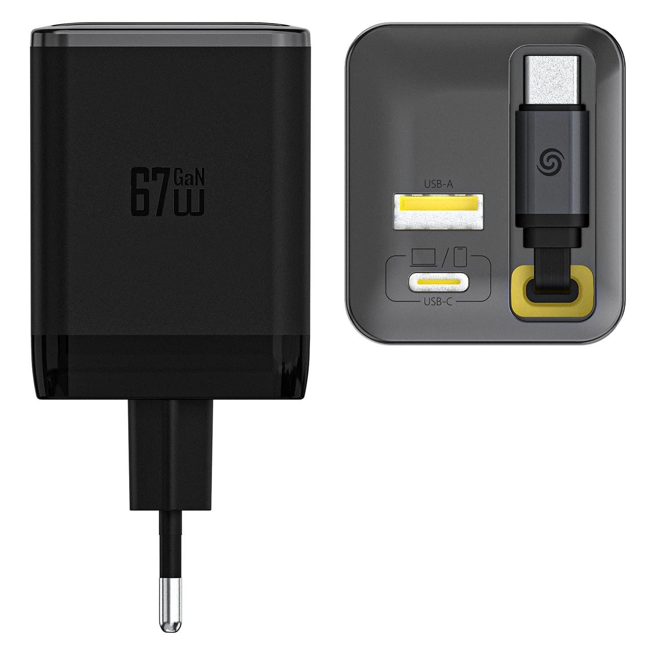 Dudao A67EU GaN 67W Wandladegerät mit integriertem, einziehbarem USB-C Power Delivery Quick Charge - Schwarz