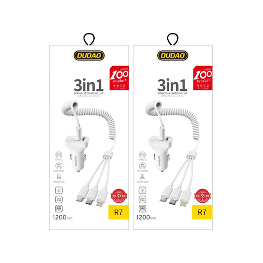Dudao Car Kit Ladegerät 2x USB 2.4A + Kabel USB 3in1 Lightning / Type C / Micro USB Kabel weiß (R7 weiß)