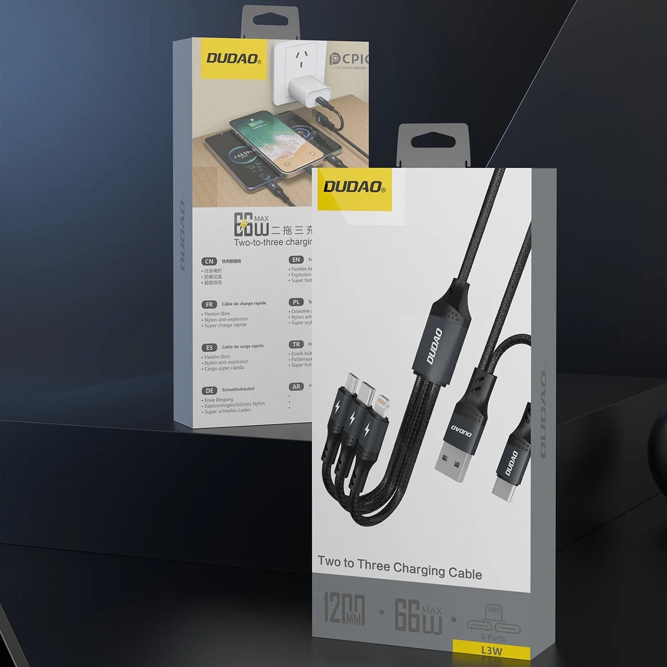 Dudao L3W USB-A/USB-C auf Lightning/USB-C/MicroUSB 66W Kabel - Schwarz