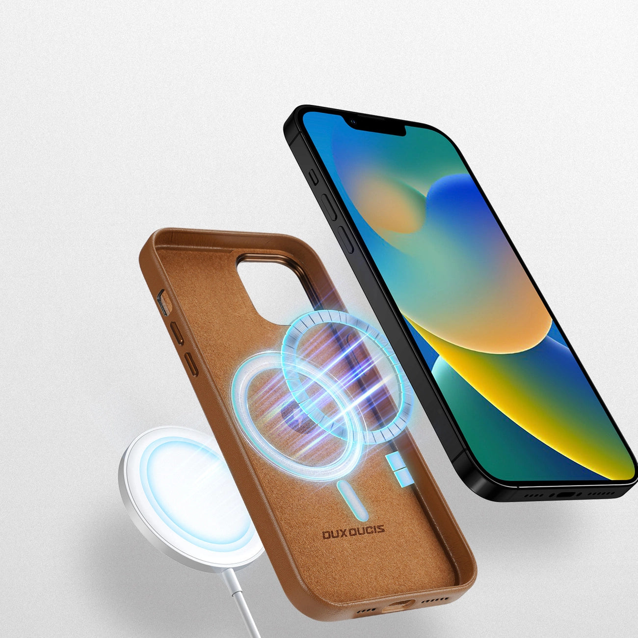 Dux Ducis Grit Ledertasche für iPhone 14 Plus Elegante Kunstlederhülle (MagSafe-kompatibel) Braun