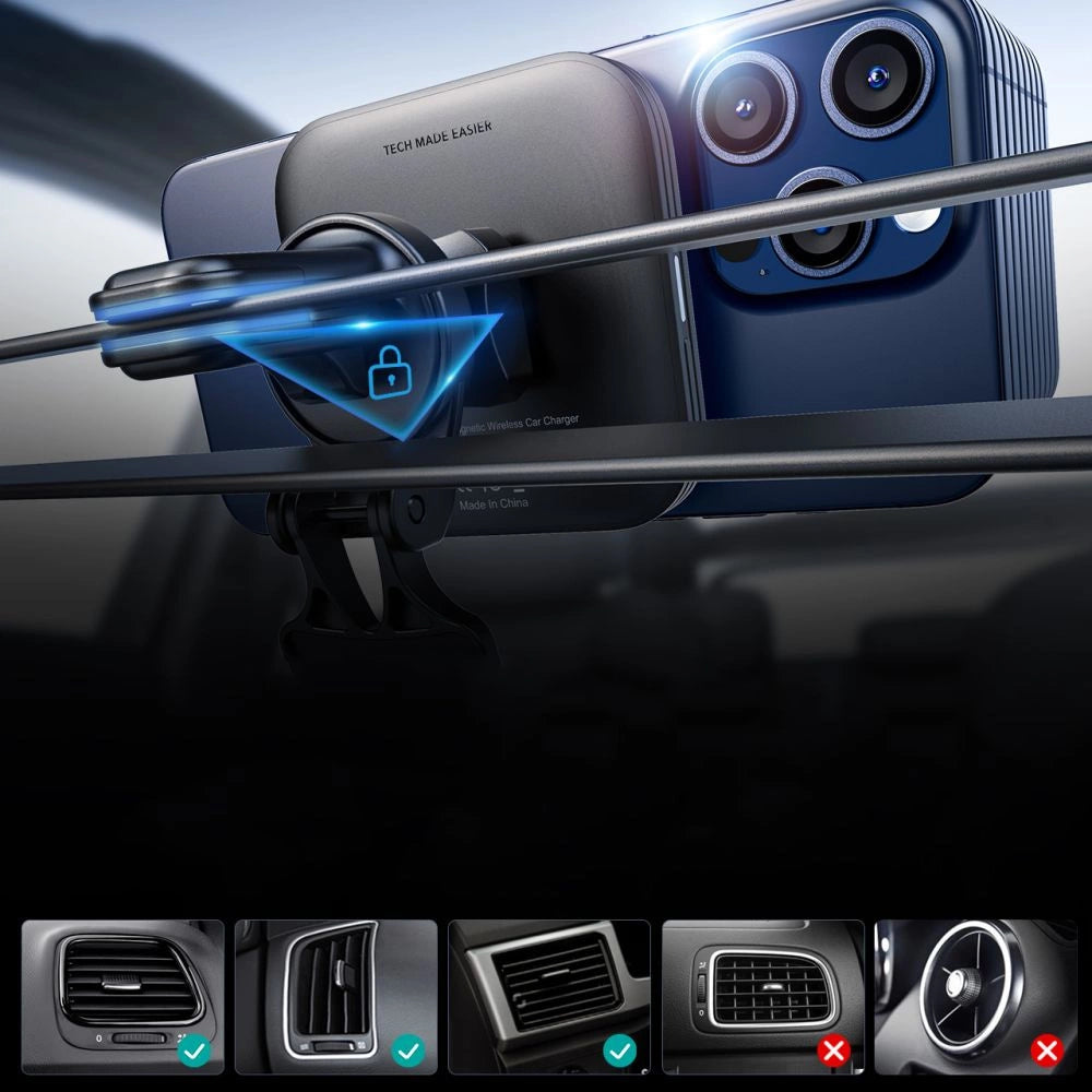 ESR Halolock Magnetische QI2-Autohalterung mit MagSafe 15W-Induktionsladegerät für Lüftungsschlitze – Schwarz