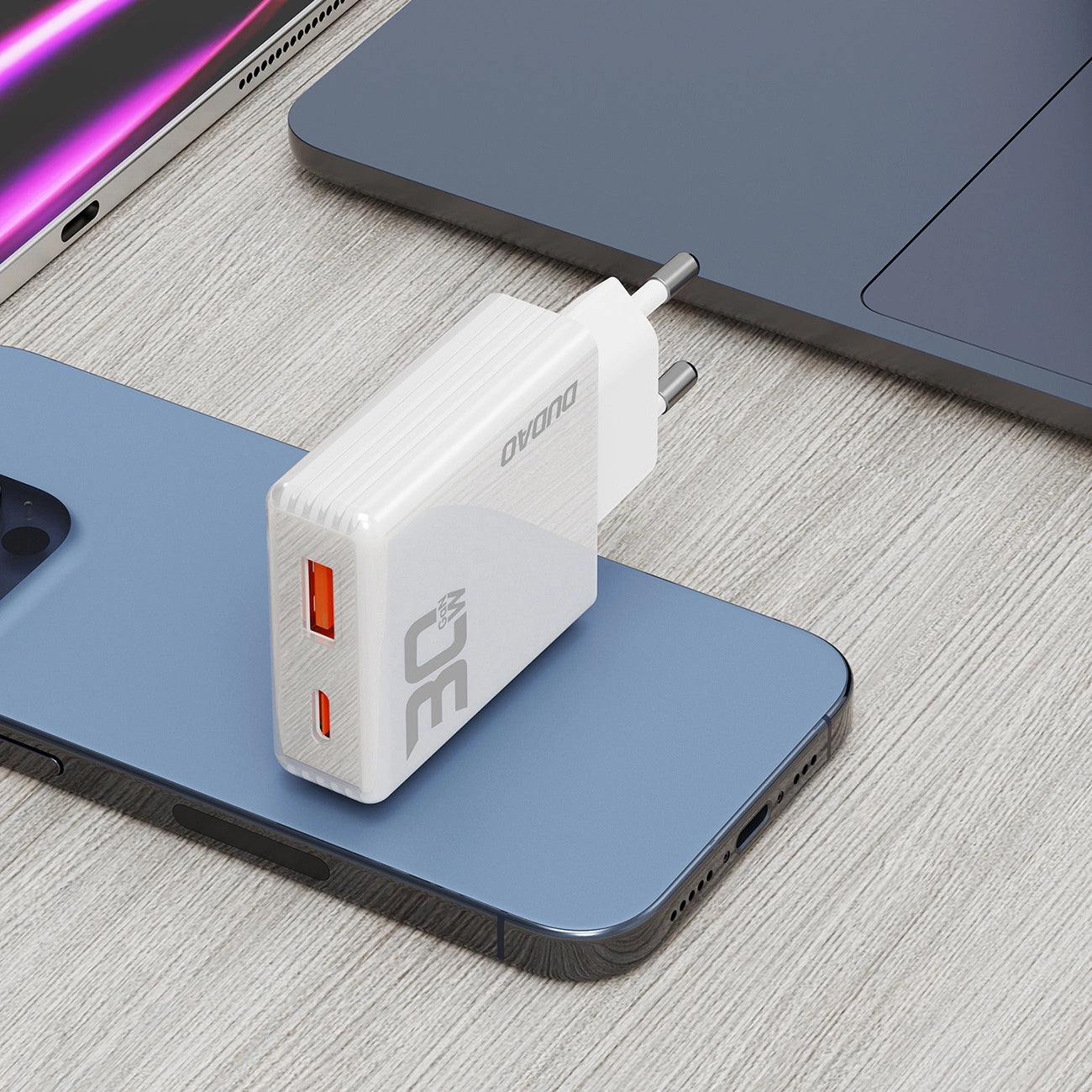 GaN Dudao A30EU 30W USB-A / USB-C Wandladegerät - Weiß