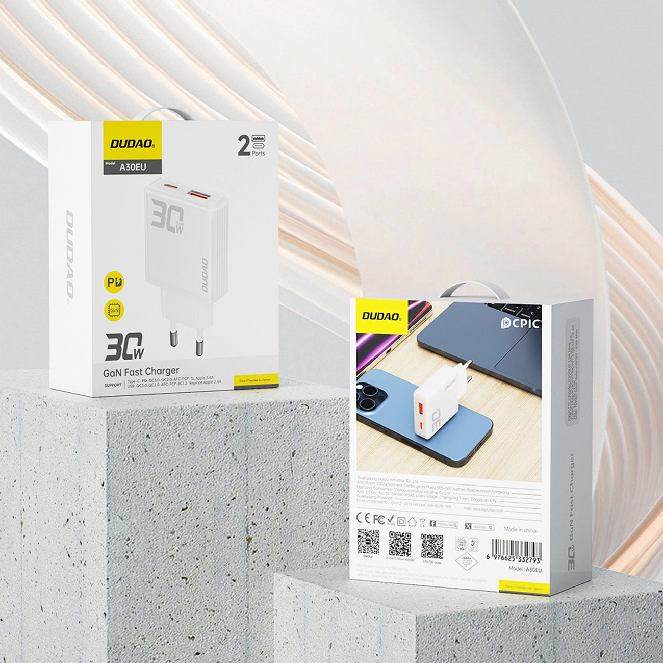 GaN Dudao A30EU 30W USB-A / USB-C Wandladegerät - Weiß