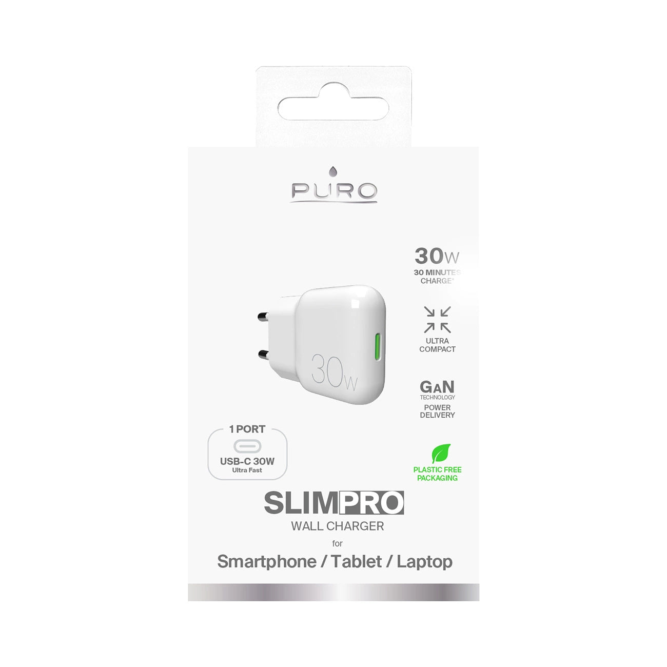 GaN Puro SLIMPRO 30W USB-C-Wandladegerät - Weiß